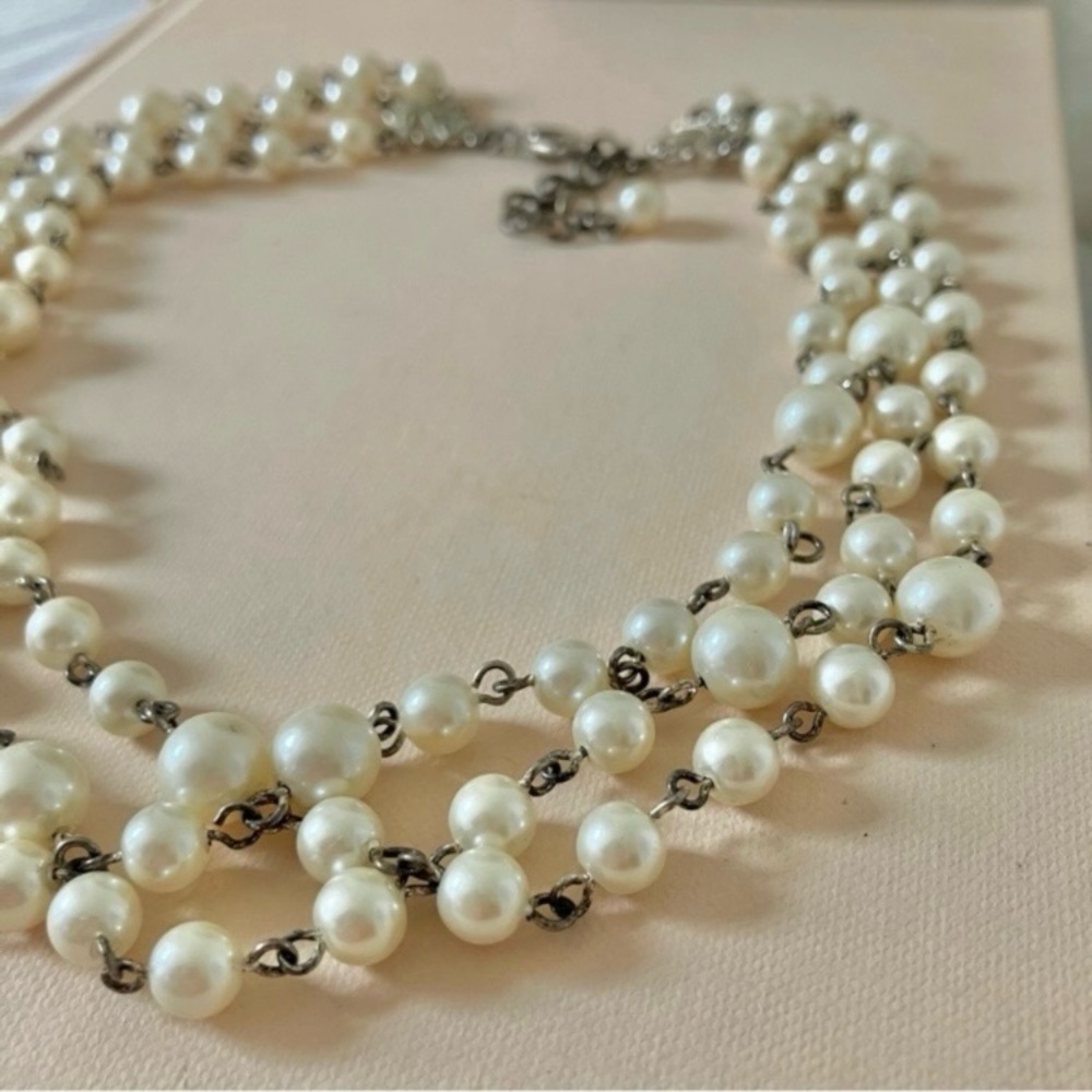 Three Strand Pearl Chain Silver Necklace Vintage “Esme”  19” Classic Feminine
